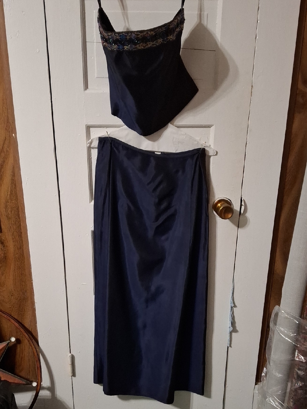 Niki Lavis Navy Blue Two-Piece Satin Dress with Beaded Trim (Mis286)